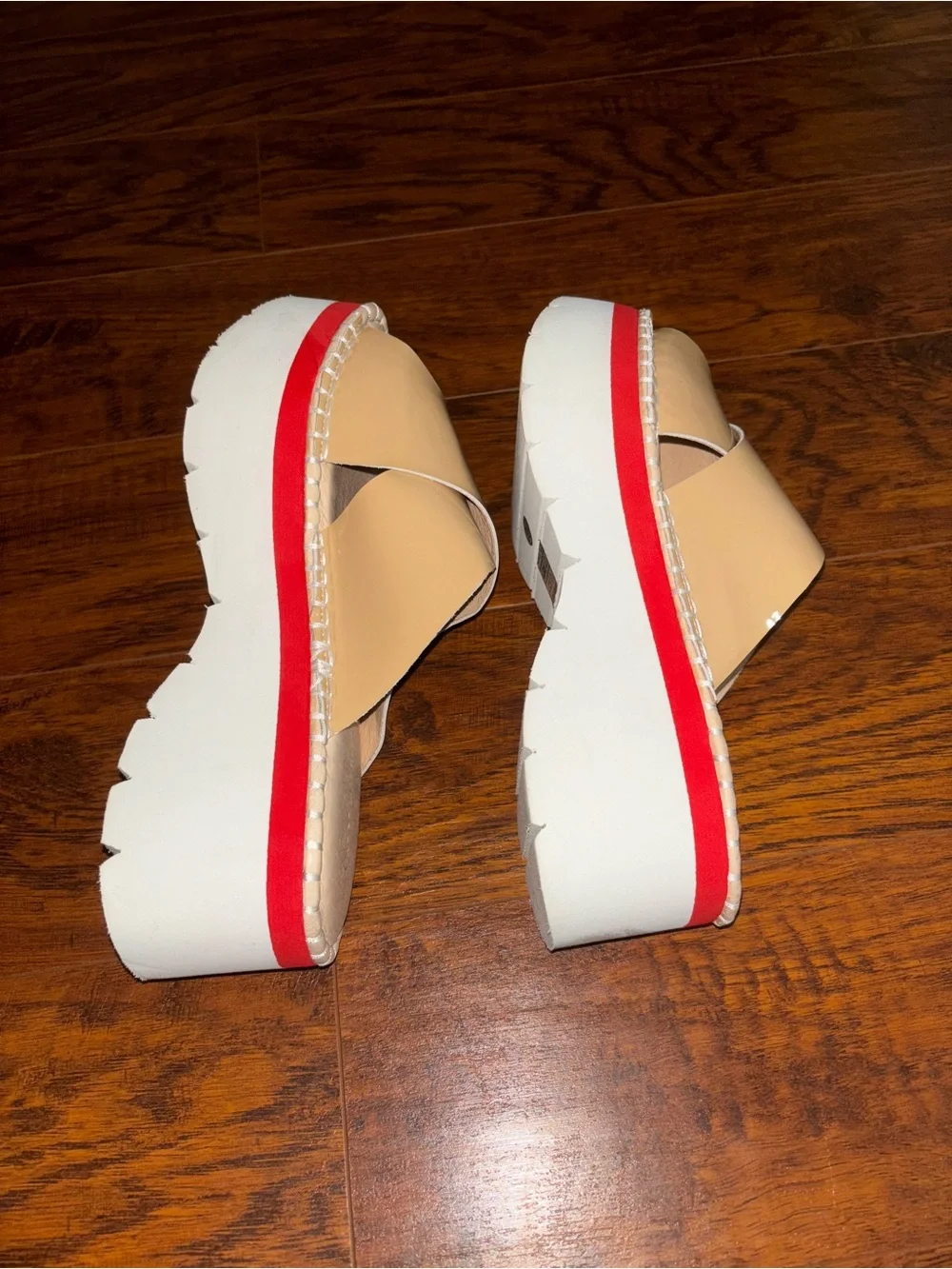Chocolat Blu Lug Sole Platform Sandal Tan Beige + Red Stripe 3-inch Heel Wedges